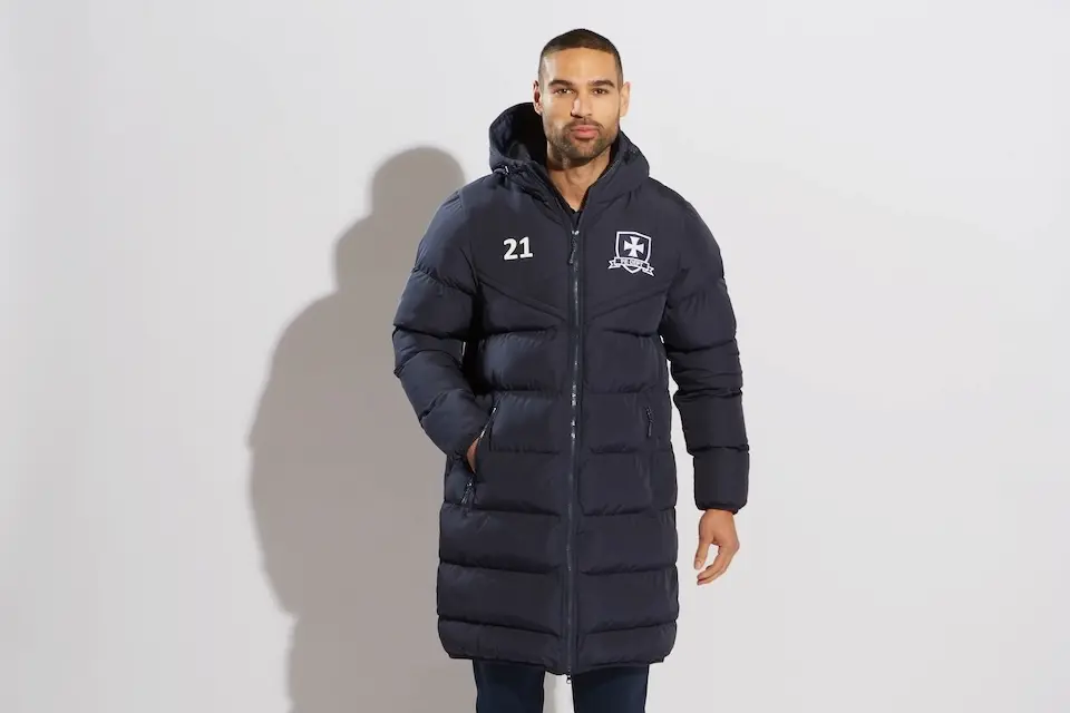 man wearing long branded puffer coat